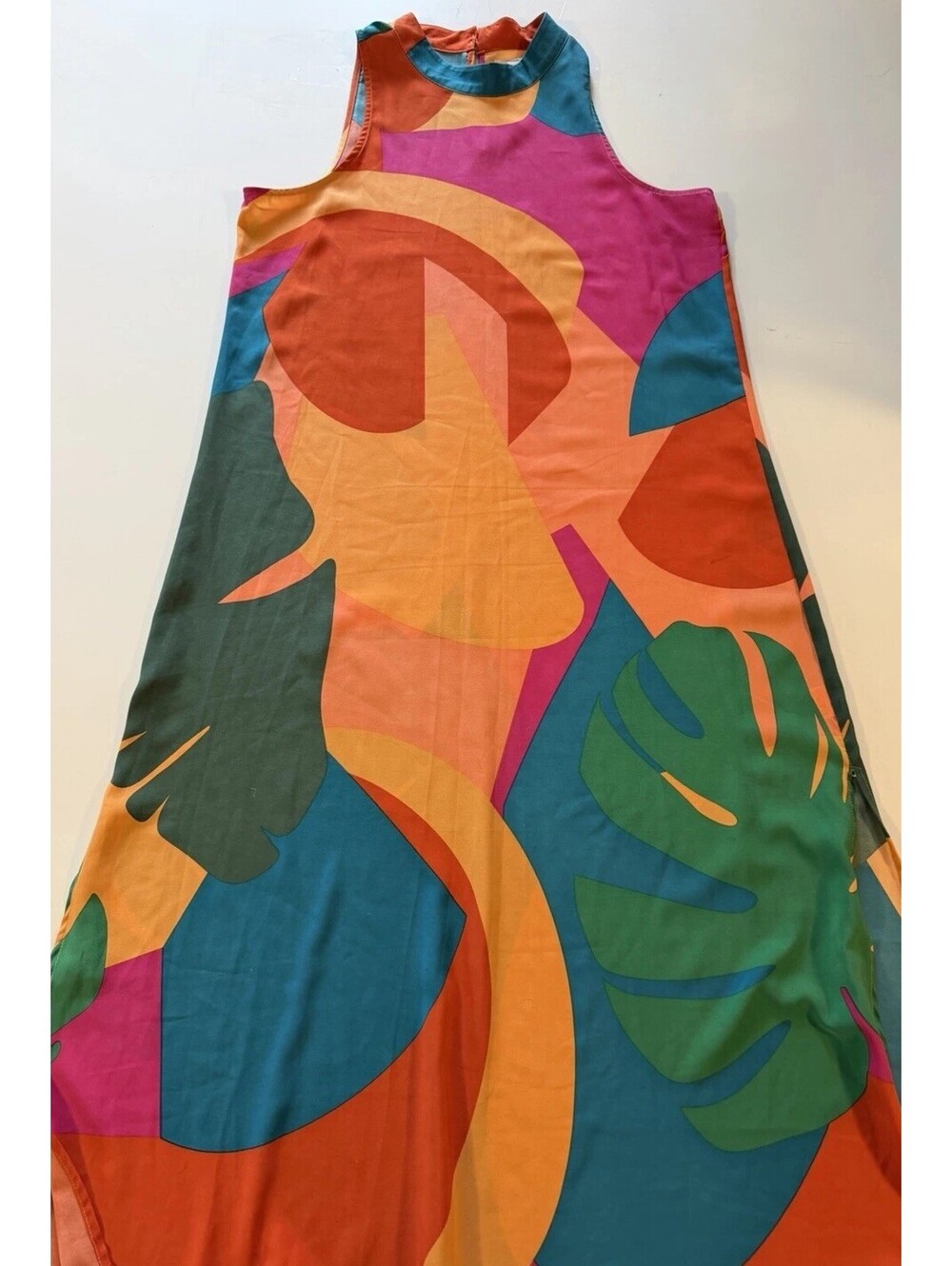 Mud Pie Womens M Tropical Maxi Dress Colorful Monstera Palm Print Sleeveless